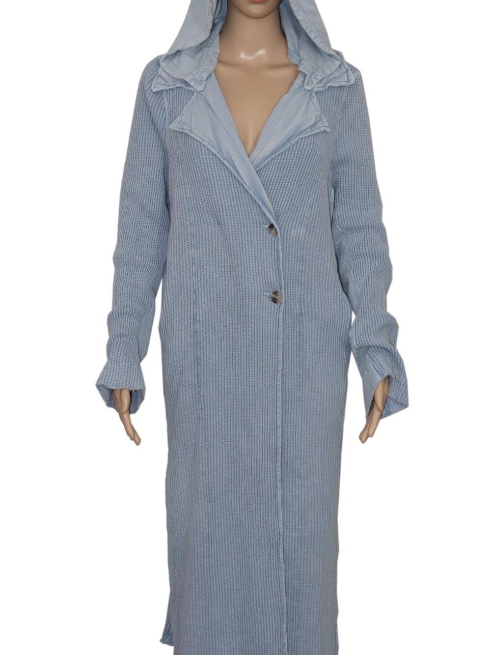 Free People Fp One Landon Jacket Blue Collared Neck Waffle Duster Dress Hoodie M
